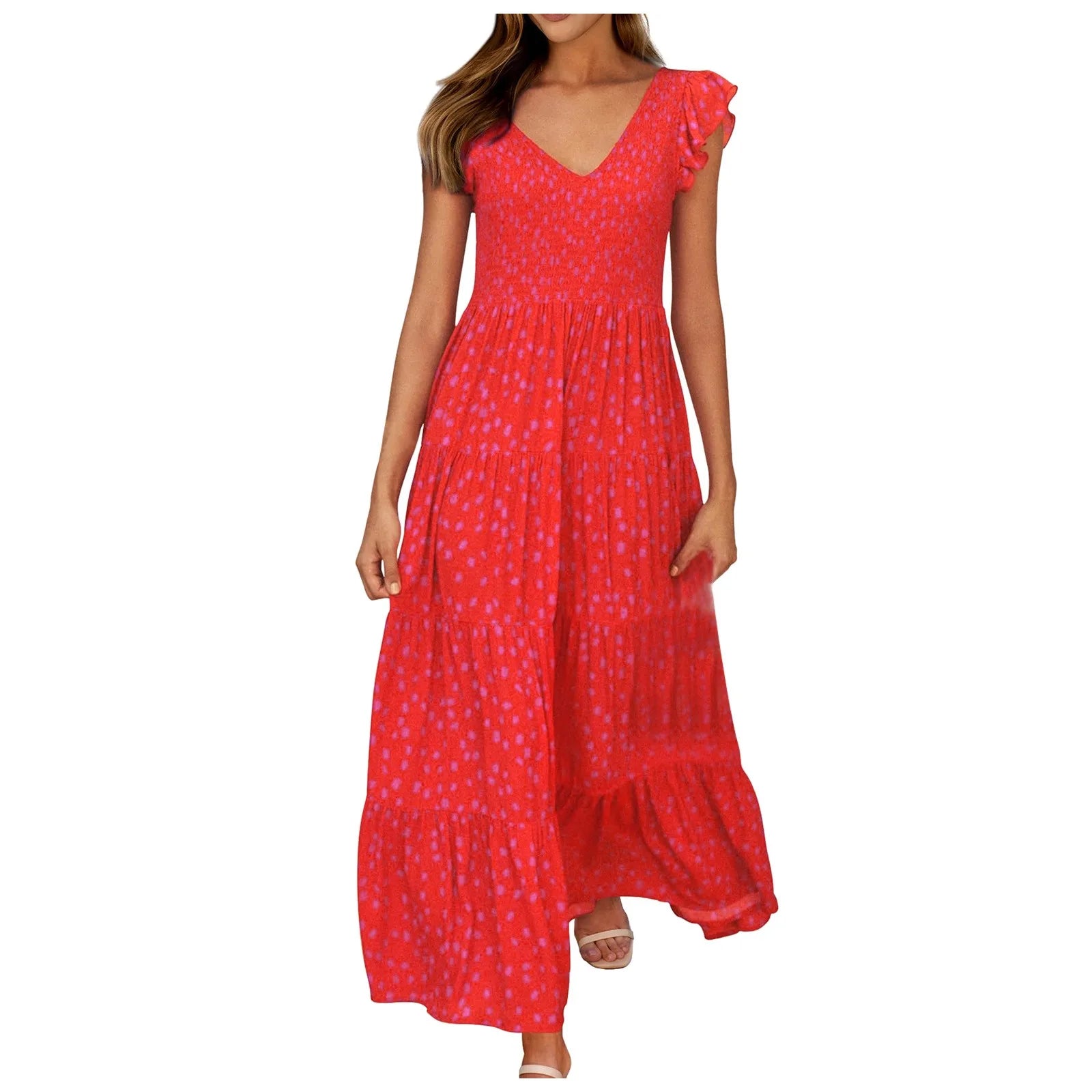 Women's Summer Flowy Maxi Dress Casual Cap Sleeve V Neck Smocked Beach Cotton Midi Dresses