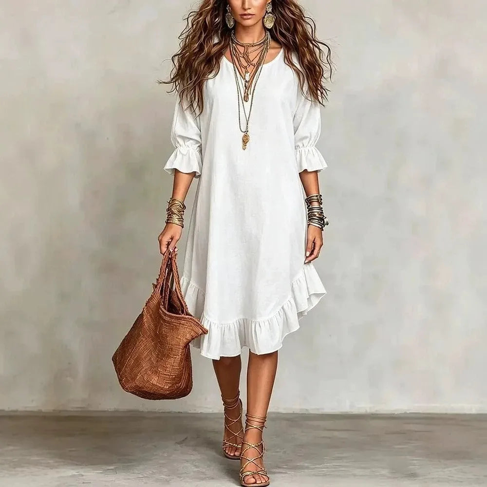 Retro Solid Summer Women's Dress Fashion Casual V-Neck Irregular lotus leaf edges Midi Dress Loose Simple Elegant Party Dress