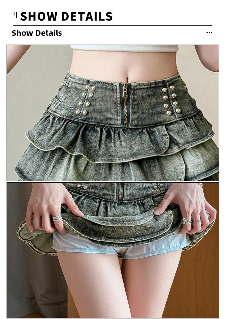 American Style Spicy Girl Design Elastic Denim Cake Short Skirt Women's Summer Pure Desire High Waist Slimming Pleated  S...
