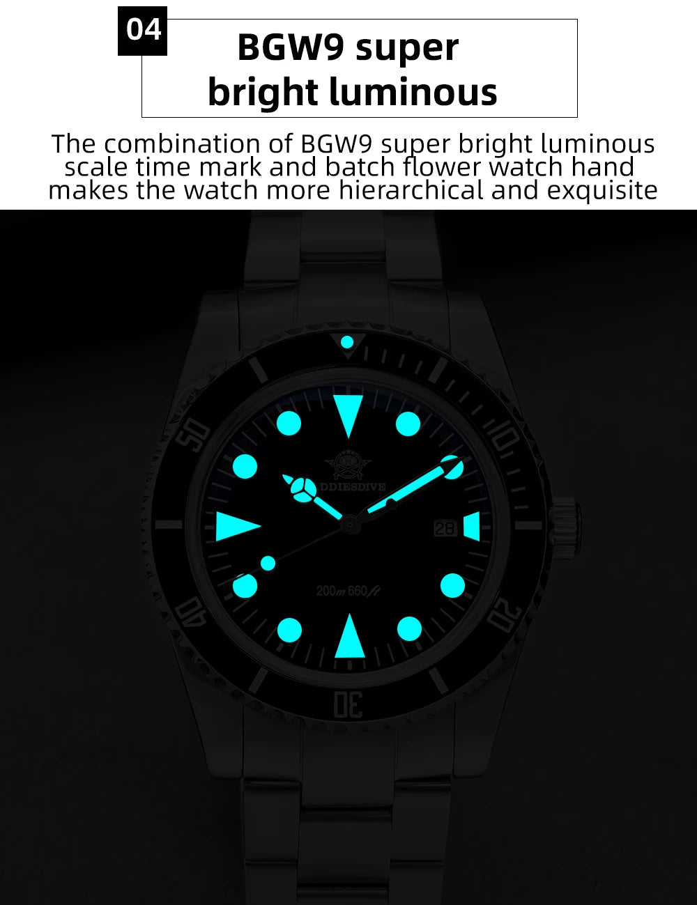 ADDIESDIVE Men's Diving Watch Stainless Steel Ceramic Bezel Quartz Watch Men's BGW9 Luminous 200m Waterproof  Men's Watch