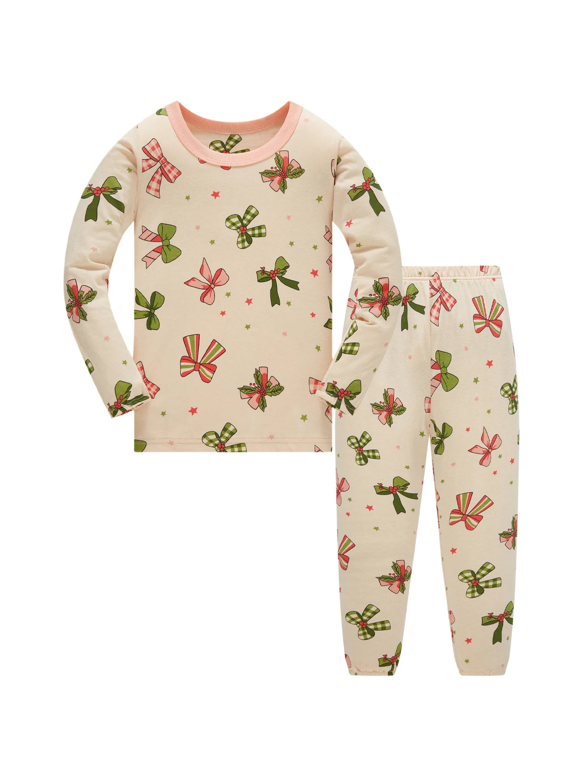 Kids Pajama Set 100% Cotton Soft Star and Bow Full Print Loungewear Long Sleeve Pjs Nightwear for Toddler Girls Age 1-8 Years