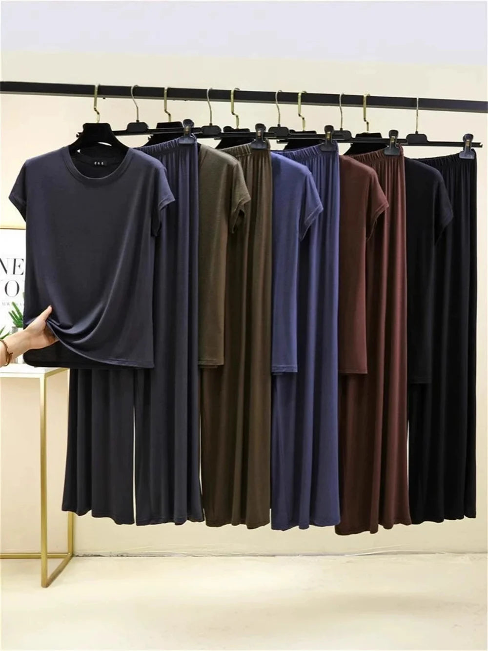 2025 Oversized M to 6XL Short Sleeve Tshirts and Wide leg pants Solid color Summer Modal Pajamas sets Casual homewear 2pcs suit