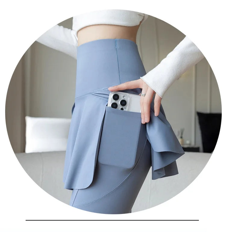 Women Fake Two Pieces Leggings Seamless Fitness Leggings High Waist with Pocket Elastic Slim Fashion Hip Liftting Yoga Pants