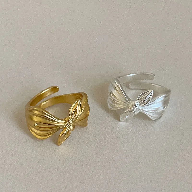 Textured Copper Bow Knot Open Ring For Women'S Adjustable Matte Ribbon Statement Finger Ring Elegant Minimalist Daily Wear Jewelry