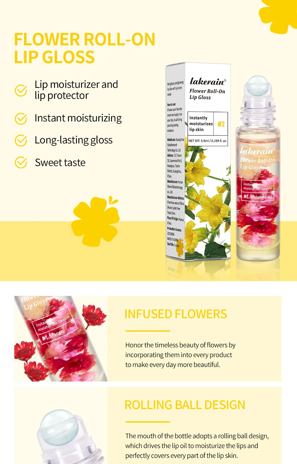 Lip Oil Gloss Blossom Scented Roll on Lip Gloss Infused with Real Flowers Mango Watermelon Strawberry
