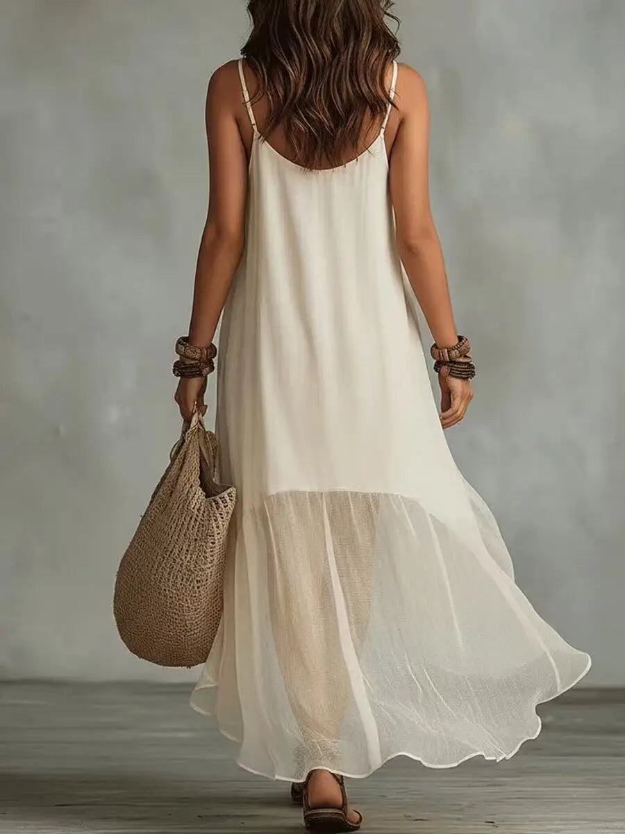 Casual Beach Backless Asymmetrical Dress Womens Boho Solid Maxi Dress Sleeveless Spaghetti Strap High Low Ruffle Hem Flowy Dress