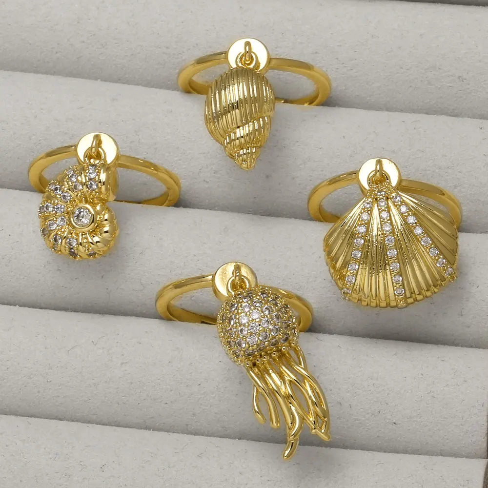 Ocesrio Ocean Style White Crystal Jellyfish Statement Women'S Rings Copper Gold Plated Shell Conch Ring Fashion Jewelry Rigq39