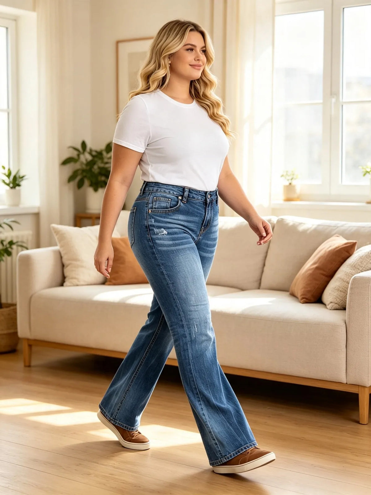 【HME】Jeans | Stretchy Medium Wash Denim Pants For Ladies, Figure-Flattering Bootcut Flare Denim Jeans With Subtle Distressed Details, All-Day Comfort Fabric, Versatile Casual Pants For Shopping, Work And Leisure Occasions