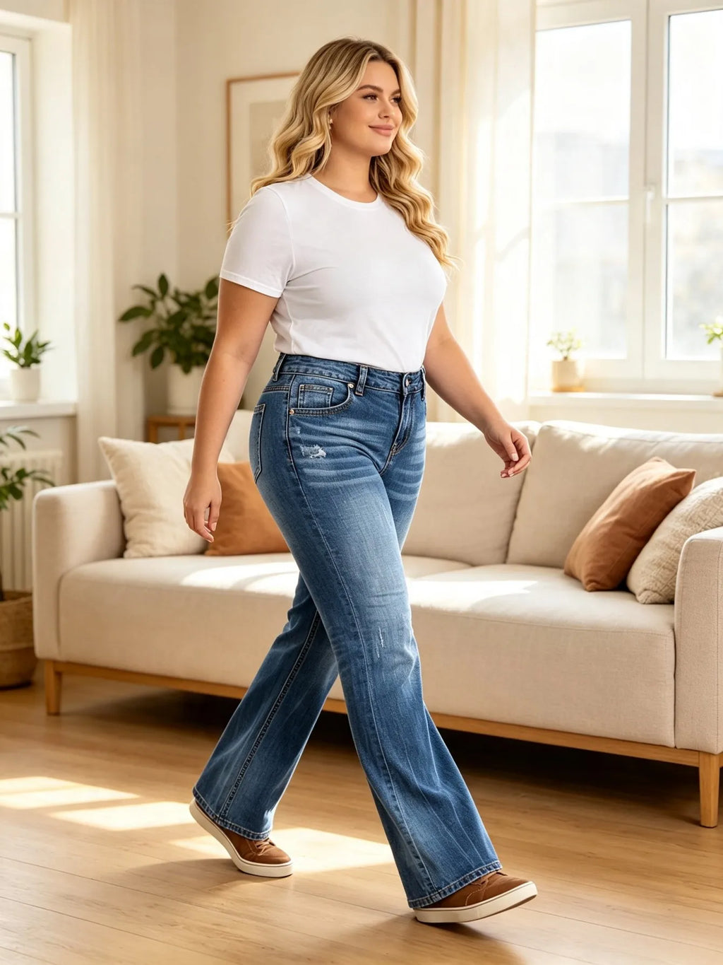 【HME】Jeans | Stretchy Medium Wash Denim Pants For Ladies, Figure-Flattering Bootcut Flare Denim Jeans With Subtle Distressed Details, All-Day Comfort Fabric, Versatile Casual Pants For Shopping, Work And Leisure Occasions