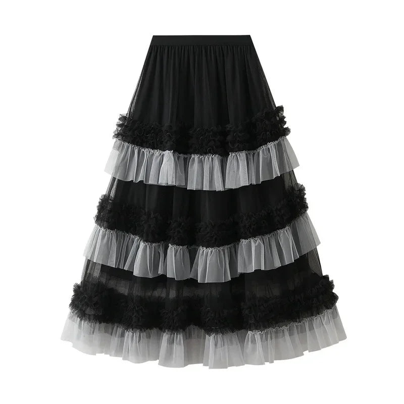 Autumn and Winter New Color Scheme Fashionable Dress for Women Big Swing Yarn Skirt Sweet Lace Pleated Edge Dancing Skirt 1391