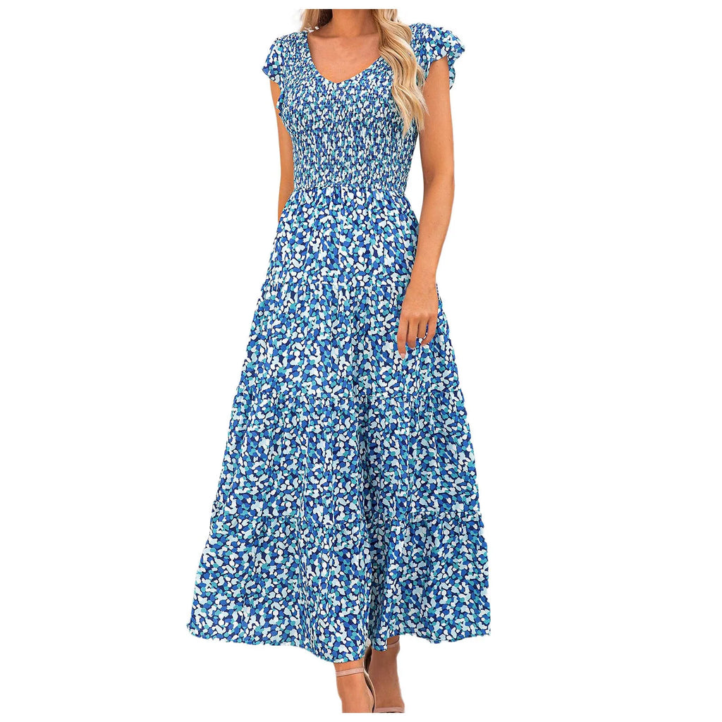 Women's Summer Flowy Maxi Dress Casual Cap Sleeve V Neck Smocked Beach Cotton Midi Dresses