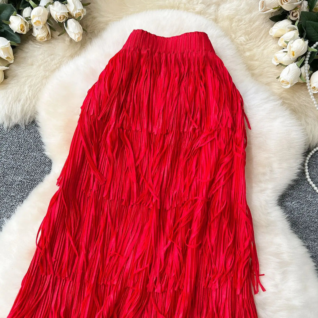 New In 2026 Spring Summer Tassel Midi Long Skirt For Women Trendy High Waist Streetwear Casual Skirts