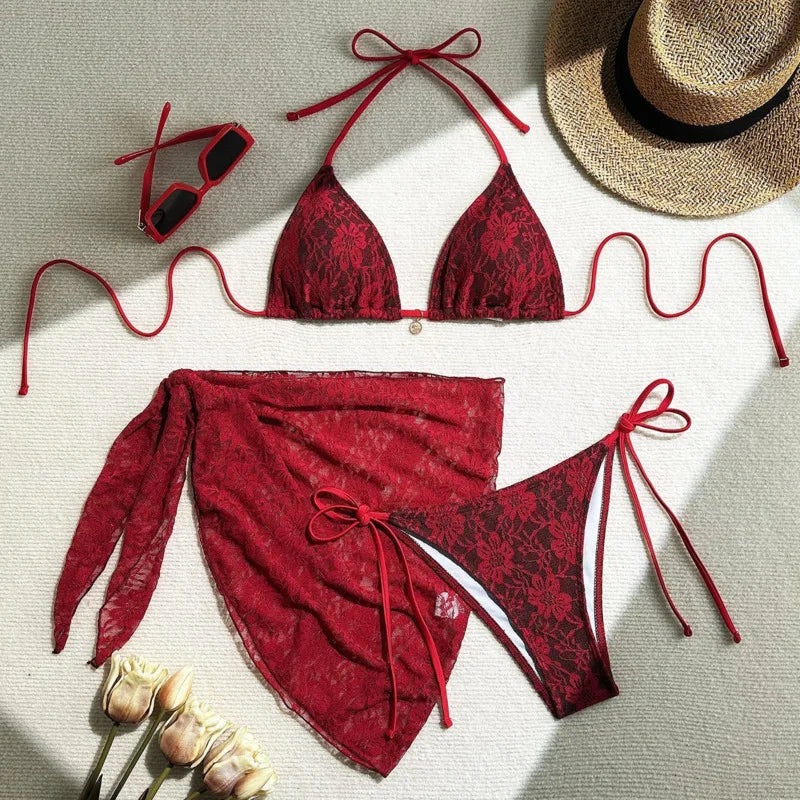 Women's Lace Contrast Brazilian Bikini Set – 3-Piece Sexy Swimsuit for Beach & Pool