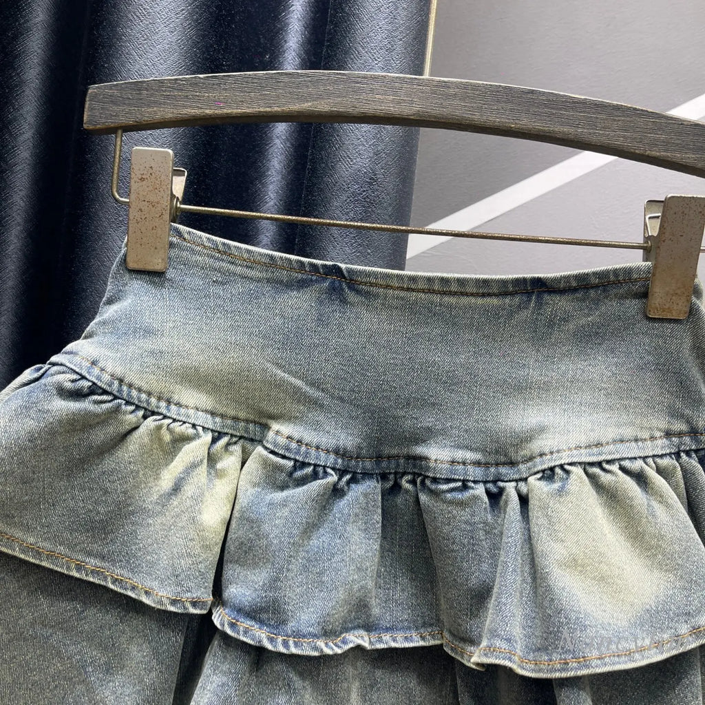 2026 Autumn New Spice Girl Retro Denim Cake Skirt, Women's High Waist Layered Ruffle Leaf Edge Mini Skirt, Blue Black Faldas