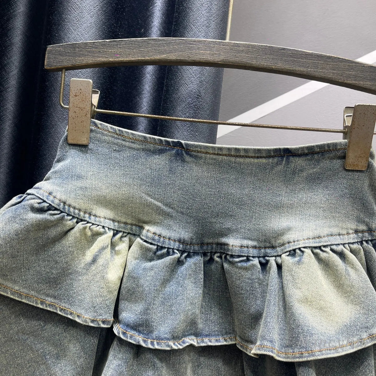 2026 Autumn New Spice Girl Retro Denim Cake Skirt, Women's High Waist Layered Ruffle Leaf Edge Mini Skirt, Blue Black Faldas