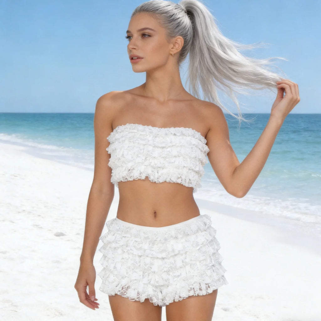Women's Solid Color Lace Bloomers Casual Stylish Layered Ruffles Elastic Low Rise Shorts for Spring/Summer