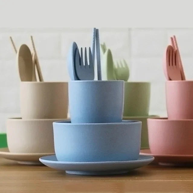 6 Pcs/Set Wheat Straw Baby Tableware Children Food Dishes Bowl Feeding Infant Learning Dinnerware Spoon Chopsticks Fork Cup New