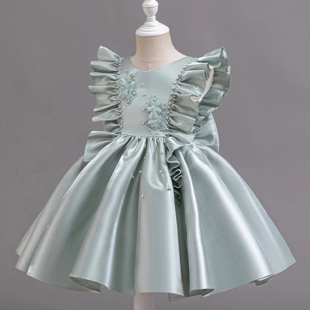 HETISO 1-6 Years Girl Princess Dress Ruffle Sleeve Kids Puffy Satin Dresses Children's Ball Gown for Birthday Holiday New Year