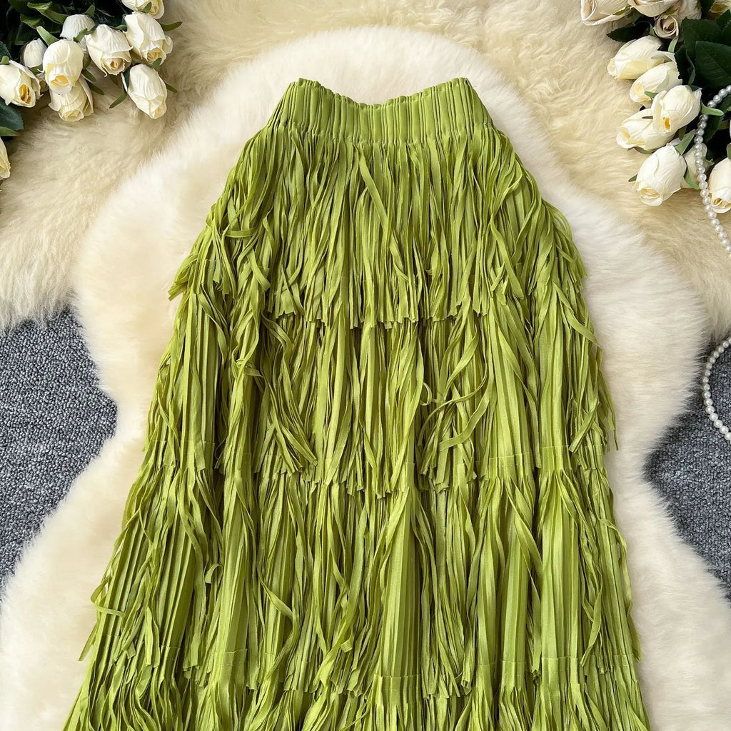 New In 2026 Spring Summer Tassel Midi Long Skirt For Women Trendy High Waist Streetwear Casual Skirts