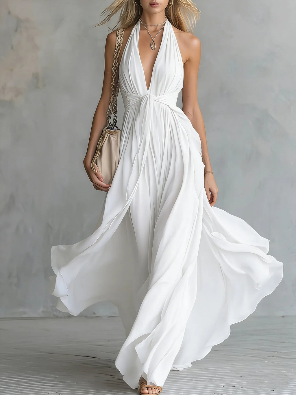 Elegant V-Neck Sleeveless Waist-Cinched Long Dress Summer New Style Pure Color Holiday Vibes Cross-Border Polyester Maxi Dress