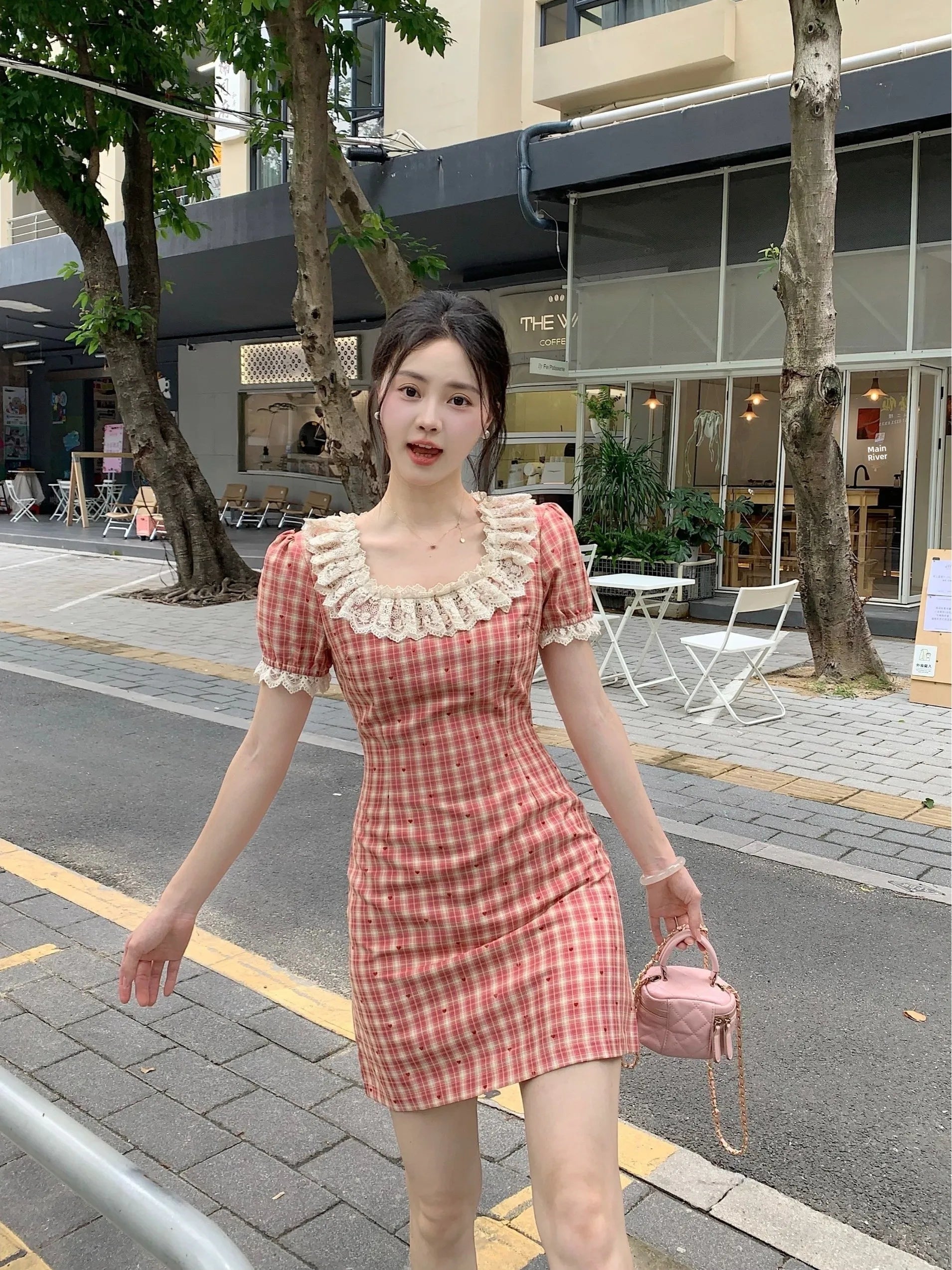 Plus Size Red Plaid A-Line Dress | High Waist Lace Trim Korean Style