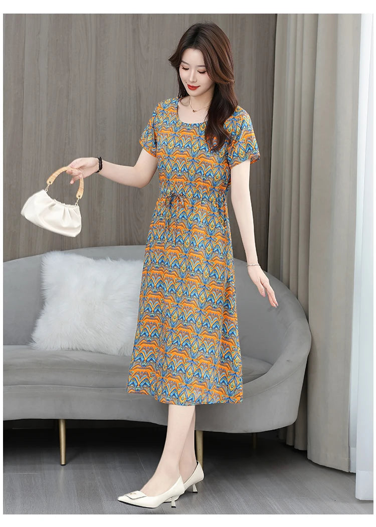 New Elegant Floral Dress  Bohemian plus Size Women Summer Short Sleeve Clothing with Large Hem for Casual Occasions