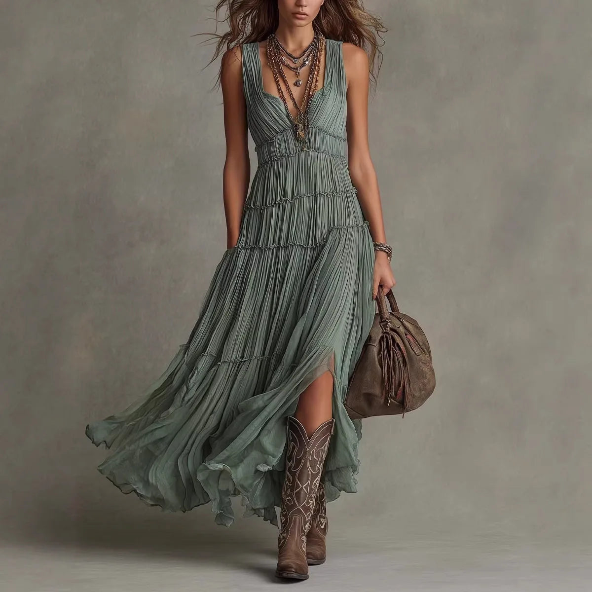 Retro Tiered Maxi Dress Deep V Sleeveless Ruffled Chiffon Flowy Long Dress Women Bohemian Pleated Split Hem Casual Dress