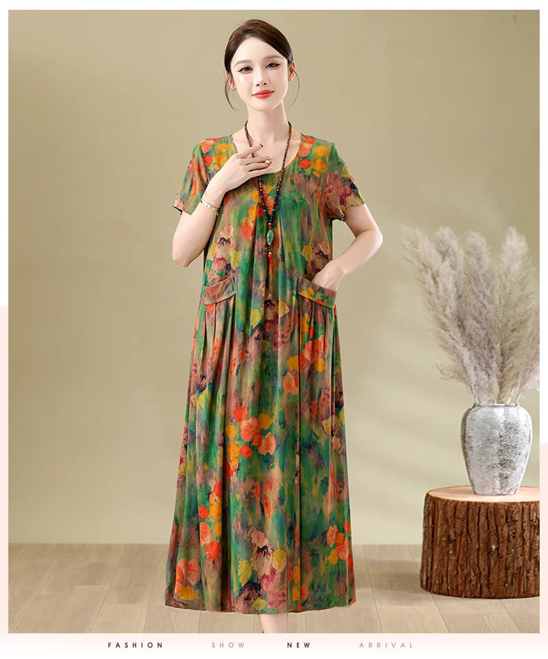 New Fashion Casual Summer Dresses For Women 2026 Loose Plus Size Clothes Elegant printting O-neck Short Sleeve Woman Clothing