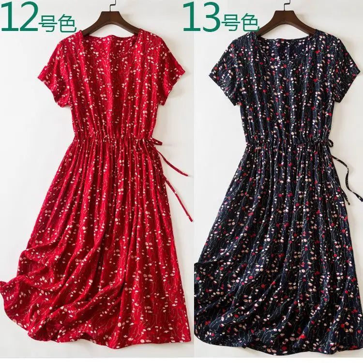 Cotton Silk Dress Women's Short Sleeved 2026 Summer New Ladies Slim Round Neck Temperament Beach Print Dresses