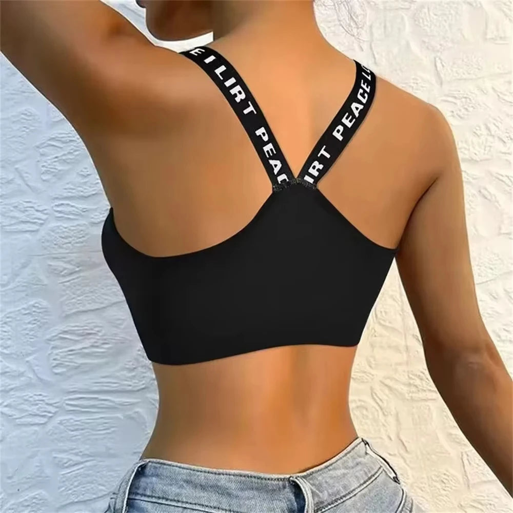 Sports Underwear Women'S Yoga Fitness Seamless Crop Top Wide Letter Straps Comfortable Workout Activewear