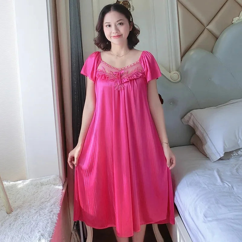 Ladies Ice Silk Nightgowns Sleeping Dress Medium Length Short Sleeve Nightdress Sexy Sleepwear Home Wear Loungewear Pyjama Femme