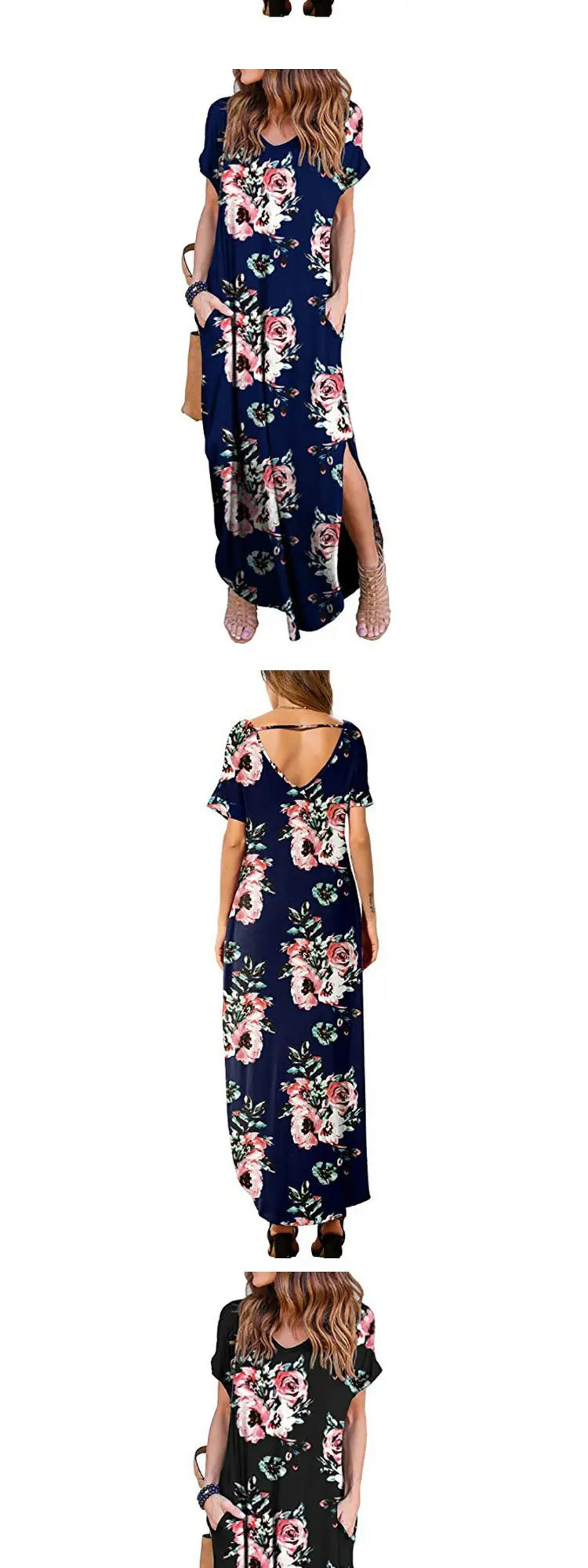 Pure Color Splice Short Sleeve V-Neck Slit Long Dress Loose Fit Women's Summer Cotton Polyester Maxi Dress Citywalk