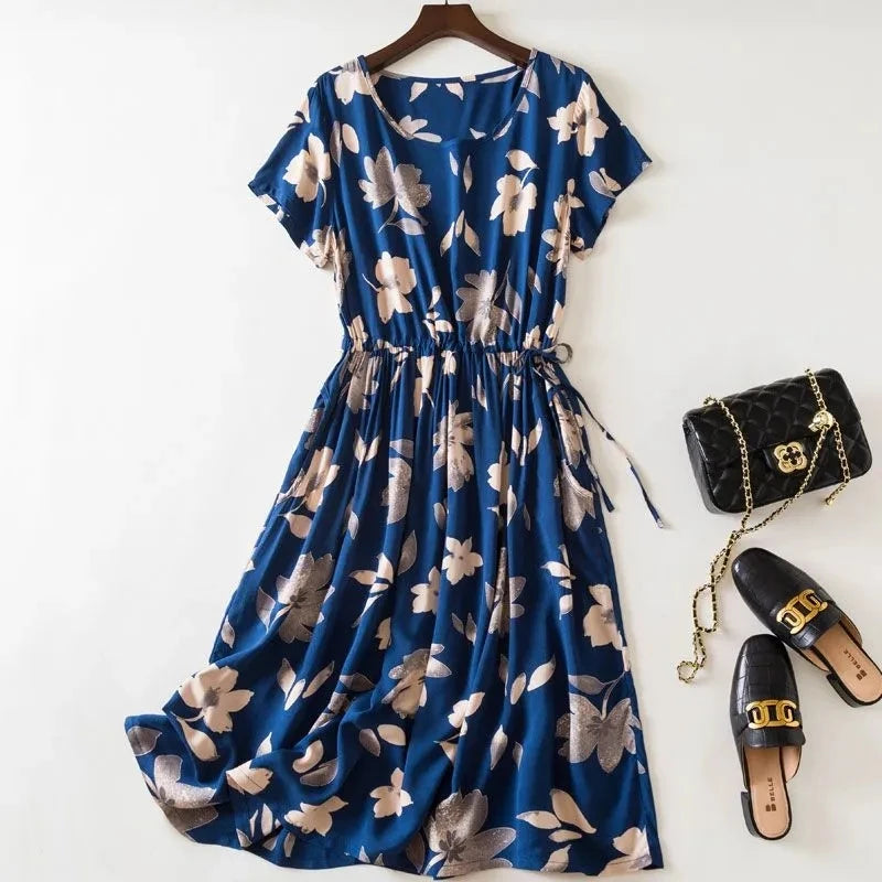 Cotton Silk Dress Women's Short Sleeved 2026 Summer New Ladies Slim Round Neck Temperament Beach Print Dresses