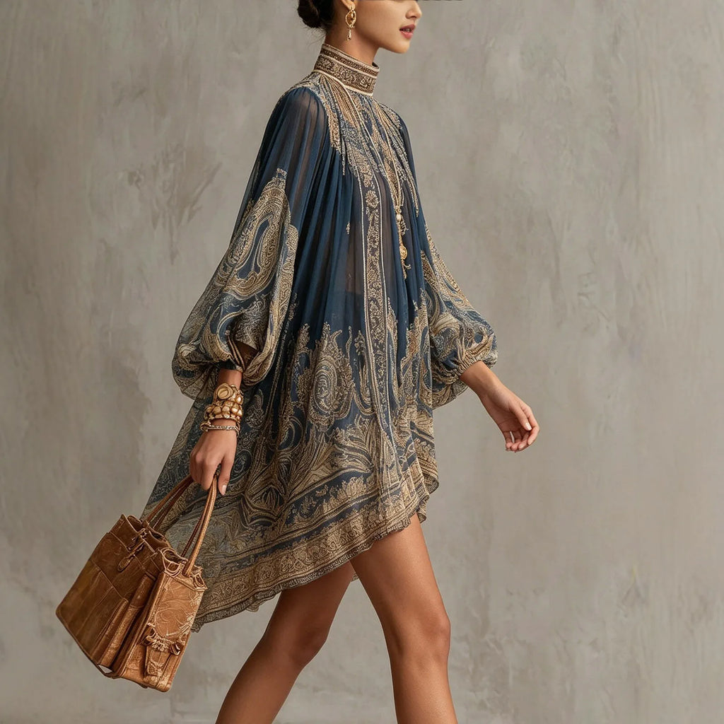 New European-style High-neck Printed Chiffon Dress with Loose, Casual Vacation-themed Shawl Sleeves.