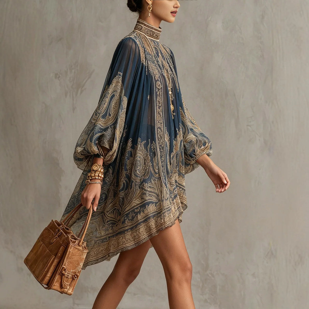 New European-style High-neck Printed Chiffon Dress with Loose, Casual Vacation-themed Shawl Sleeves.