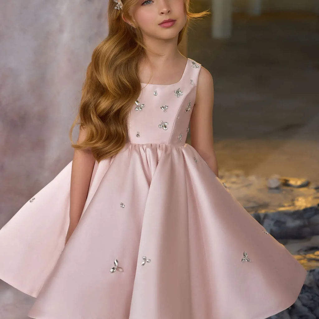 Dreamy Vow J145 Pink Satin Classic Girls Dress Beaded Square Neck Knee Length Children Wedding Birthday Holiday Party Dress 2025