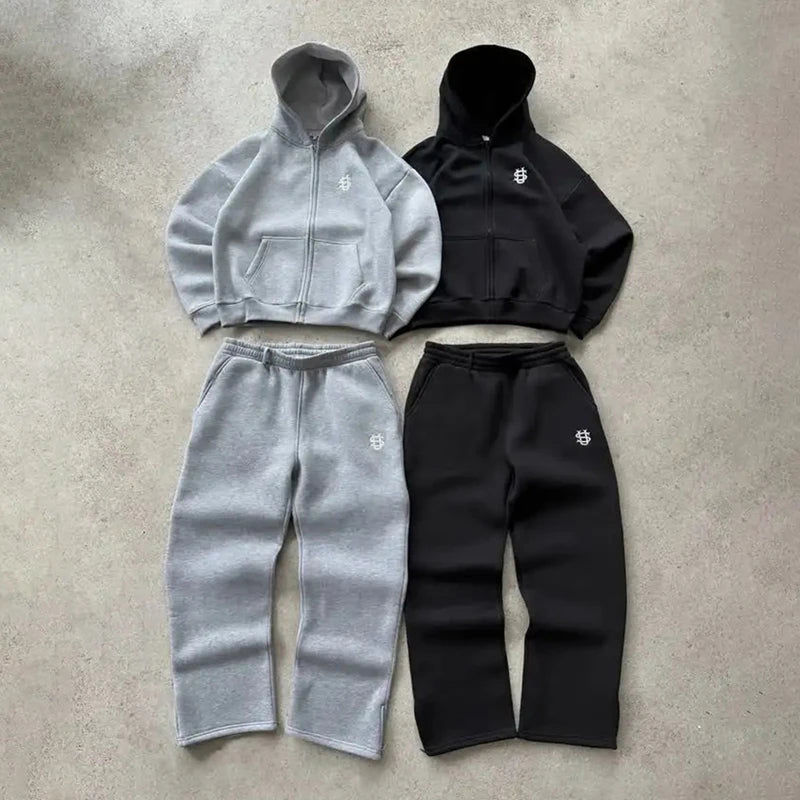 Y2k High Street Zip Embroidery Pattern Men's Hoodies Oversized Loose Sweatshirts Pullover Women Hip Hop Zip Hoodie Vintage Pants