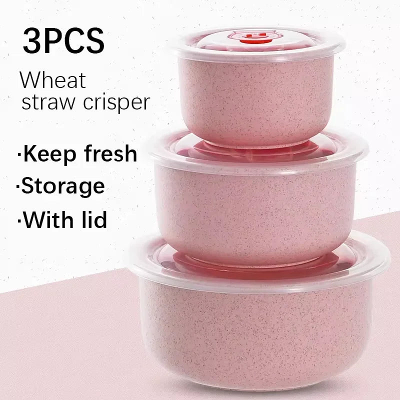 Three piece set of wheat straw preservation bowl with lid, household microwave plastic round lunch box