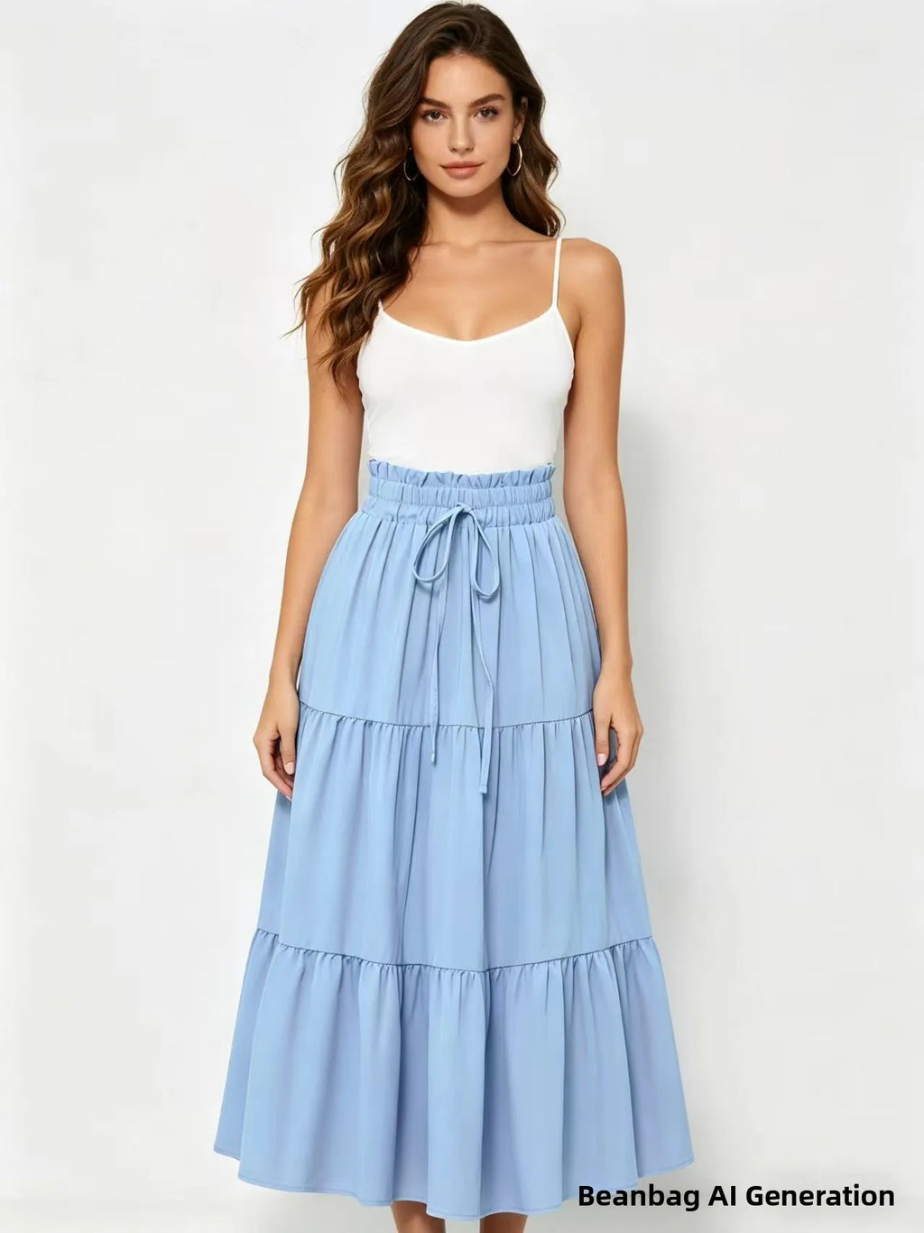Elegant High Waist A-Line Midi Skirt with Drawstring Pure Color Women's Fashionable Versatile Half-length Skirt for Casual Tr...