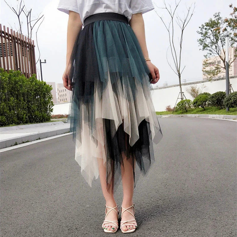 Summer Tutu Women Skirt Harajuku Casual Tulle Bottom Jupe Femme Faldas Fashion High Waist Midi Mesh Skirts Woman Clothing Saia