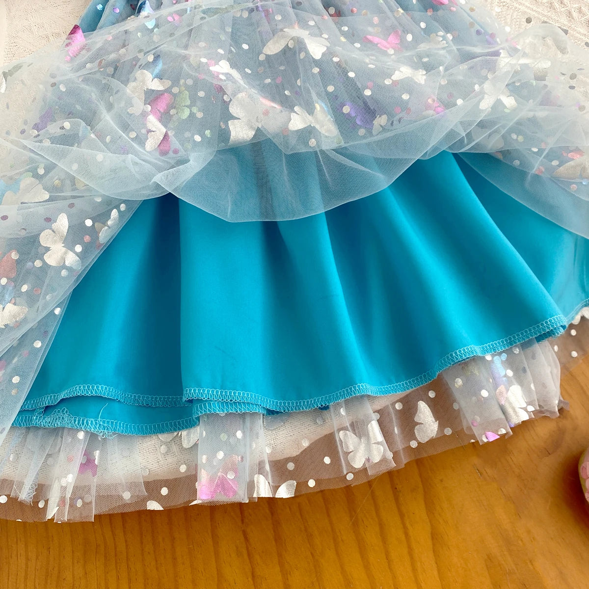 Round Neck Princess Dress Summer Knitted Patchwork Colored Butterfly Mesh Bubble Seeve Dress Girls Clothes