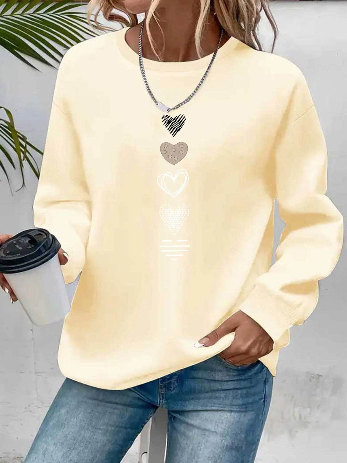 Women's Casual Heart Print Pullover Sweatshirt - Long Sleeve Knit