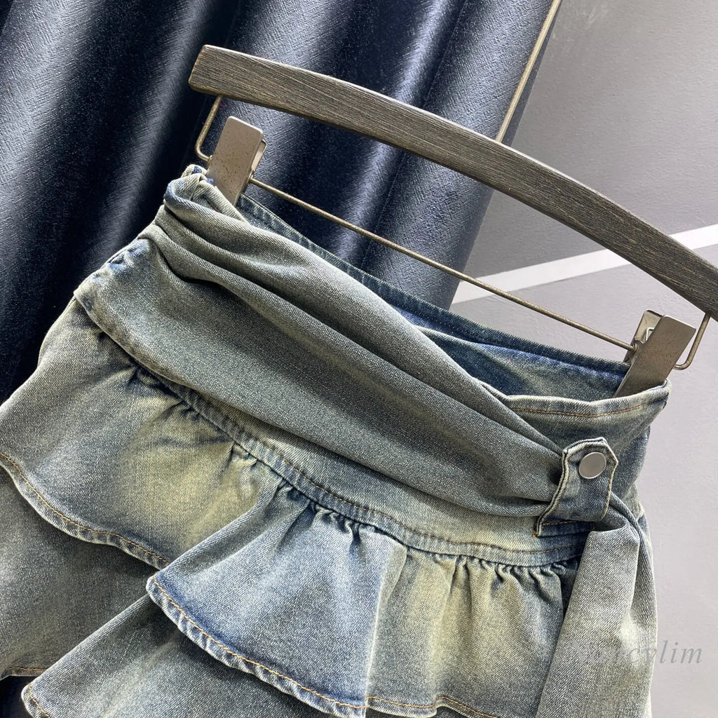 2026 Autumn New Spice Girl Retro Denim Cake Skirt, Women's High Waist Layered Ruffle Leaf Edge Mini Skirt, Blue Black Faldas