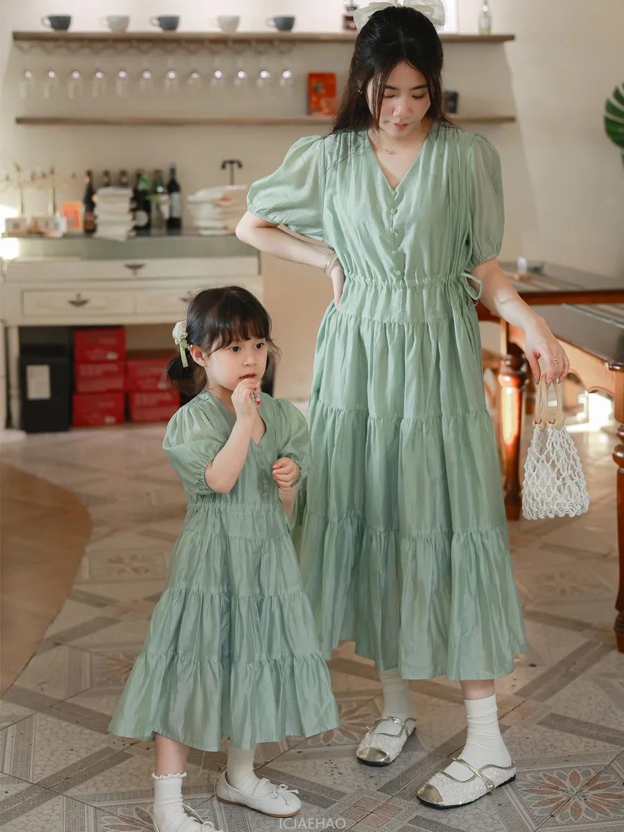 Mommy & Me Matching Dresses – White Green