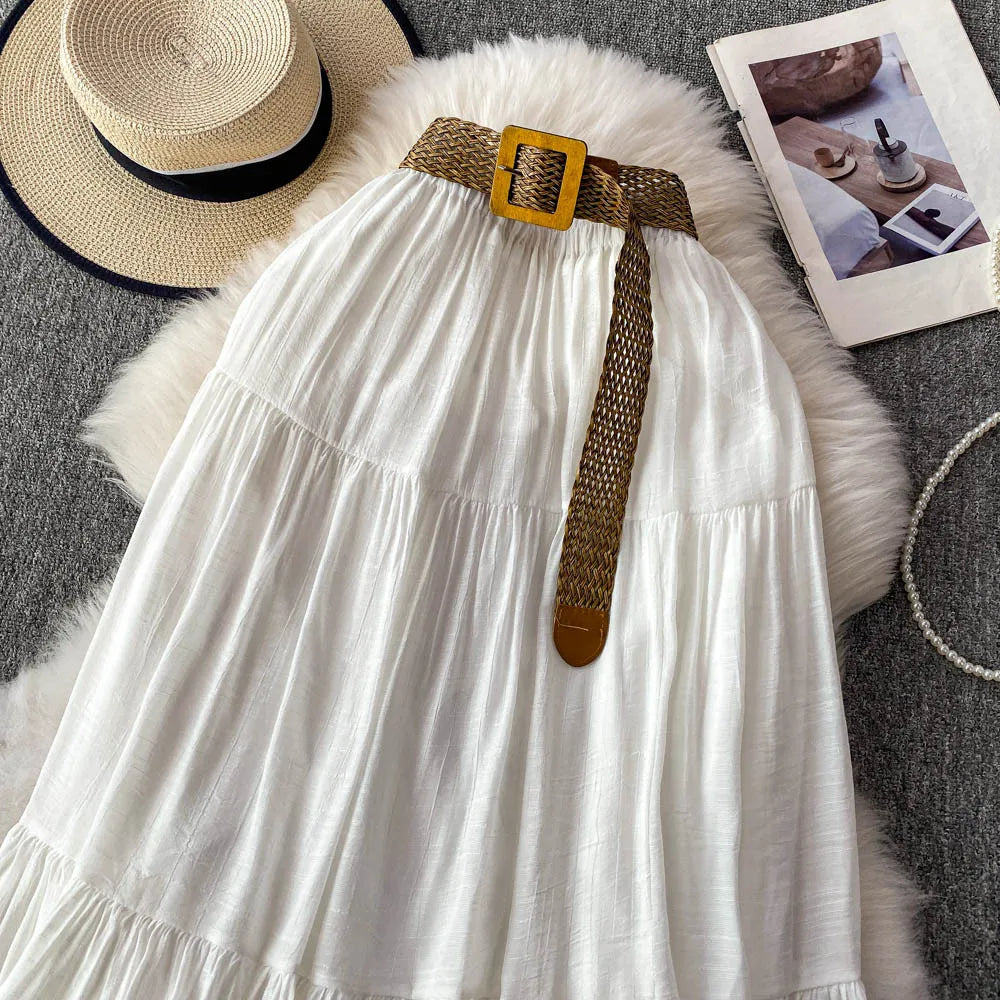 Women's Spring Summer 2026 White Midi A-line Cake Skirts With Sashes
