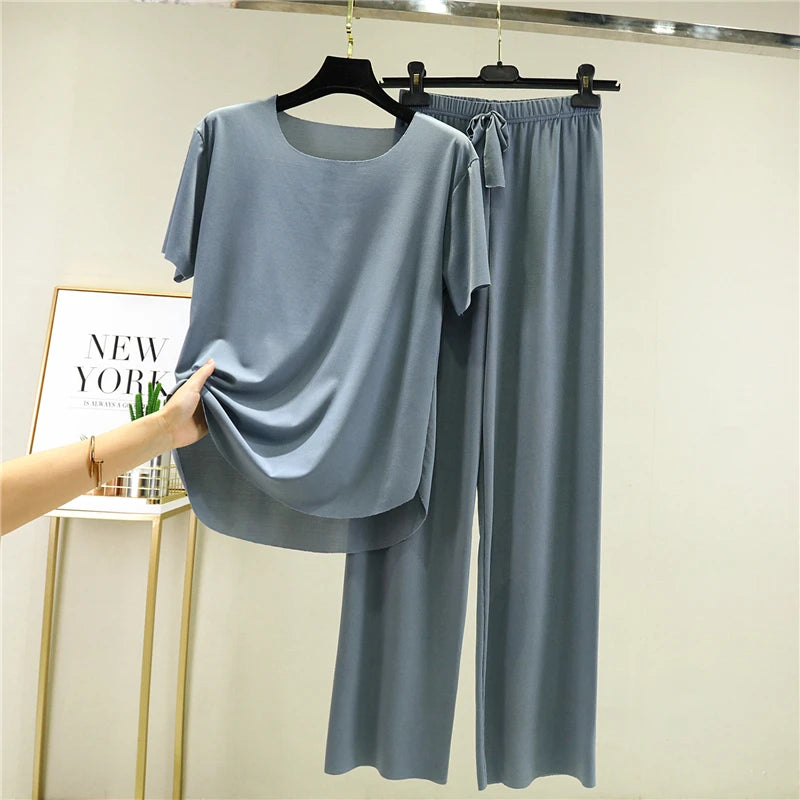 Women's Ice Silk Two-Piece Set - Round Neck T-Shirt and Loose Pants