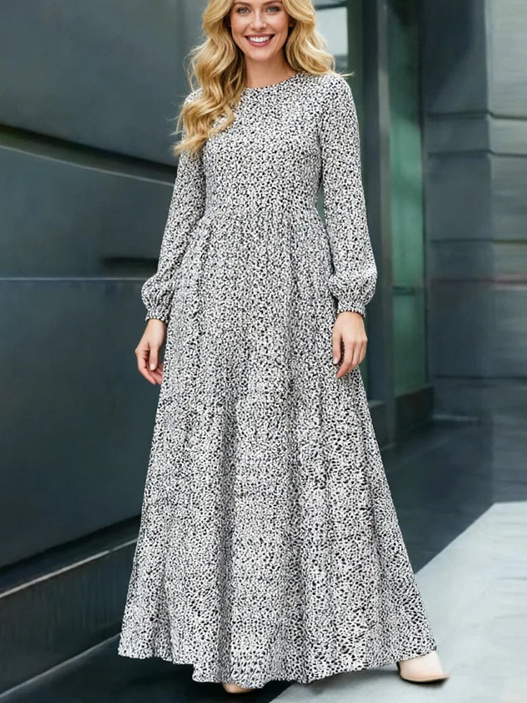 New Fashion Polka Dot Long Sleeve Long Dress for Women Spring Summer O Neck Evening Party Dresses Loose Waist Lady's Dress Robe