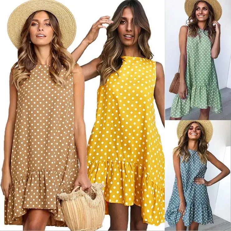 2020 Summer round Neck Sleeveless Polka Dot Loose A-Line Dress with Lace Hem Long Evening Gown Women's Fashion Casual Dress