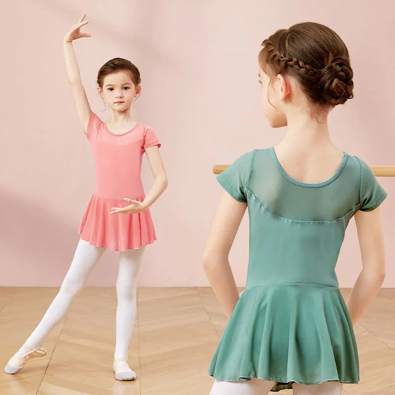 Girls Ballet Leotard Dress – Mesh Splice Short Sleeve Chiffon Skirted Dance Costume