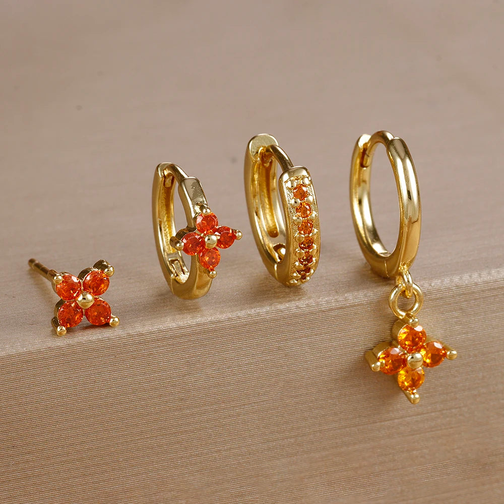 Cubic Zirconia Flower Hoop Earrings 4 Piece Set 18K Gold Plated Stainless Steel For Women